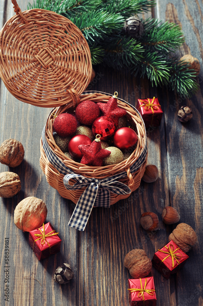 Christmas decorations in wicker basket