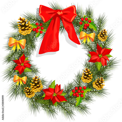 Christmas wreath with holly and poinsettia