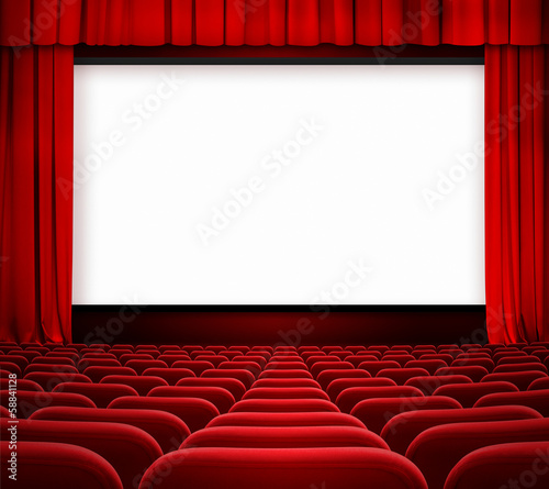 cinema screen with open curtain and red seats