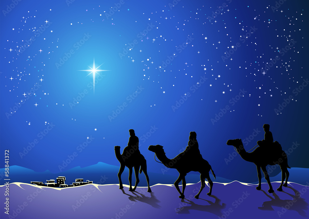 Christmas story. Three wise men go for the star of Bethlehem - obrazy, fototapety, plakaty 