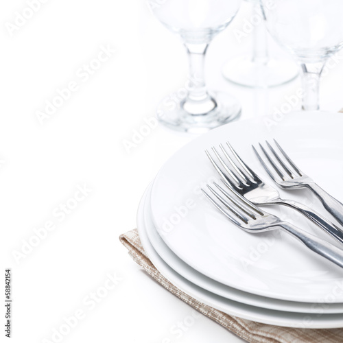 tableware - plates, forks and glasses, isolated