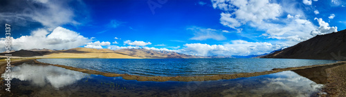 Panorama of lake Tso Moriri in Himalayas, Ladakh