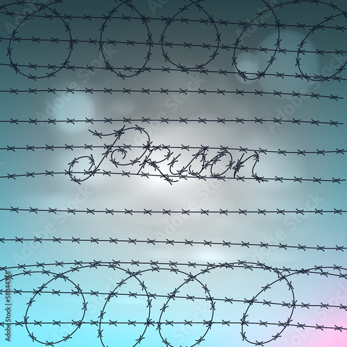 Word prison written by a barbed wire, vector Eps10.