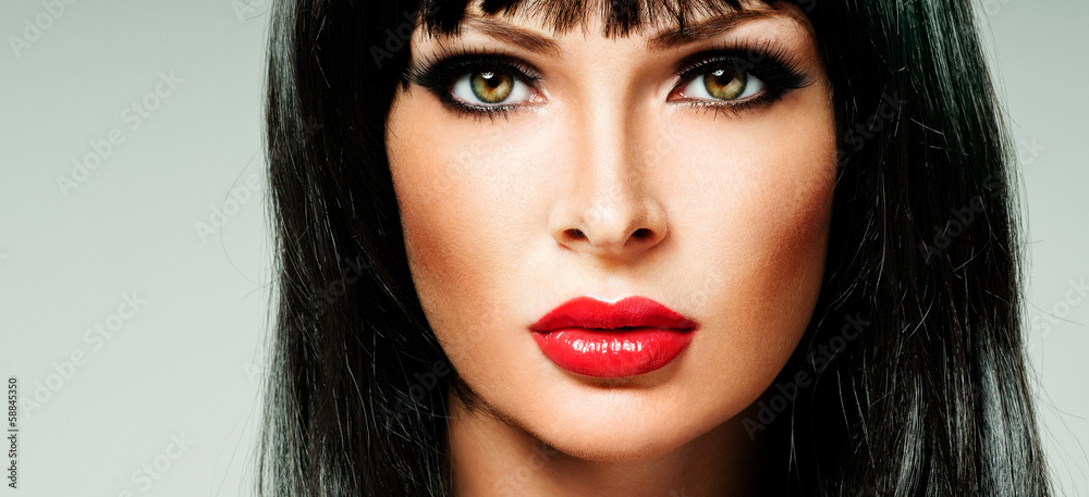 brunette with long hair and red lipstick brunette with long hair and red lipstick