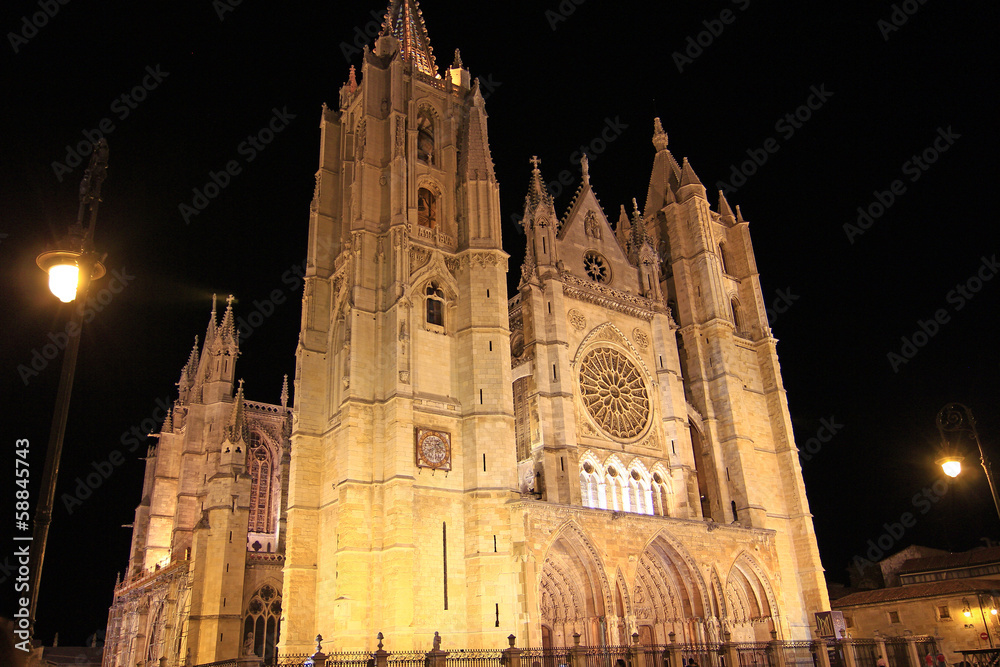Leon Cathedral at night, in Leon Spain