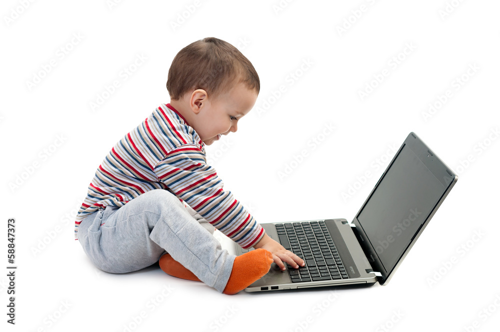happy boy with laptop isolated happy boy with laptop isolated