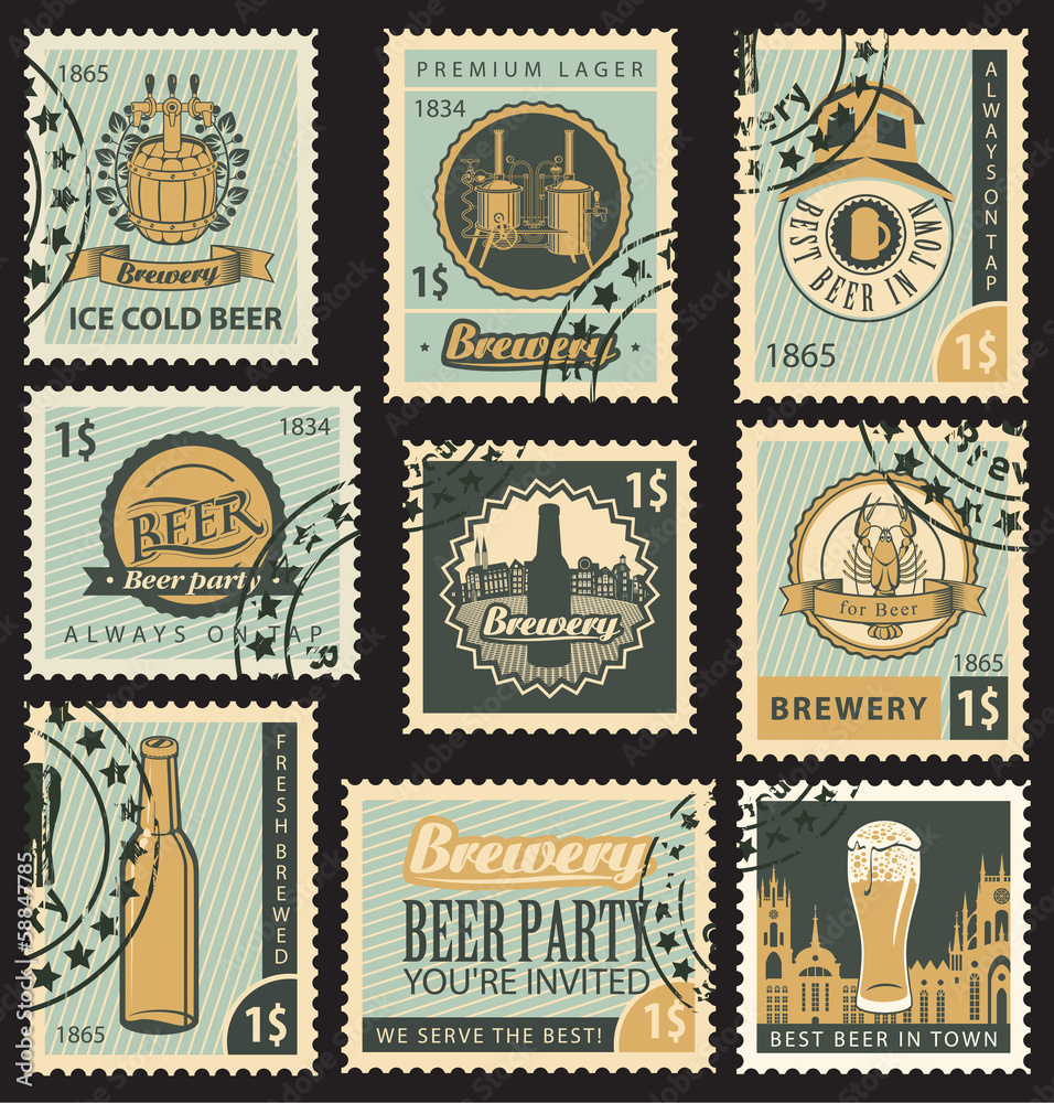 set of postal stamps on theme of beer and brewery Stock Vector