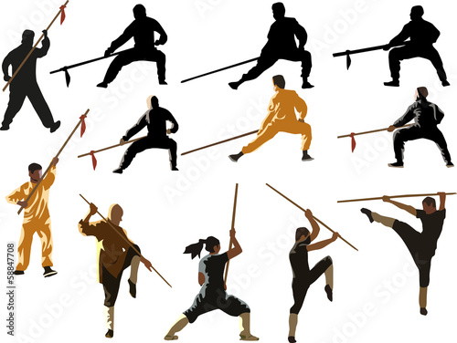 kung fu men with pikes on white