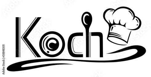 Koch, kochen, Kochmütze. Kochlogo mit Kochlöffel und Teller.