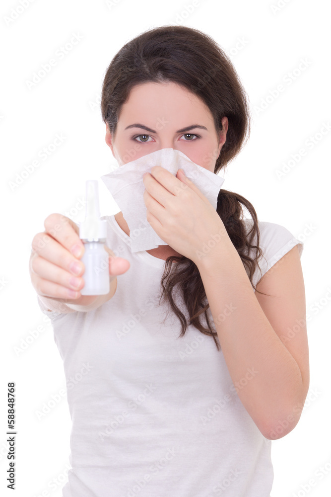 attractive young woman showing nasal spray isolated on white attractive young woman showing nasal spray isolated on white