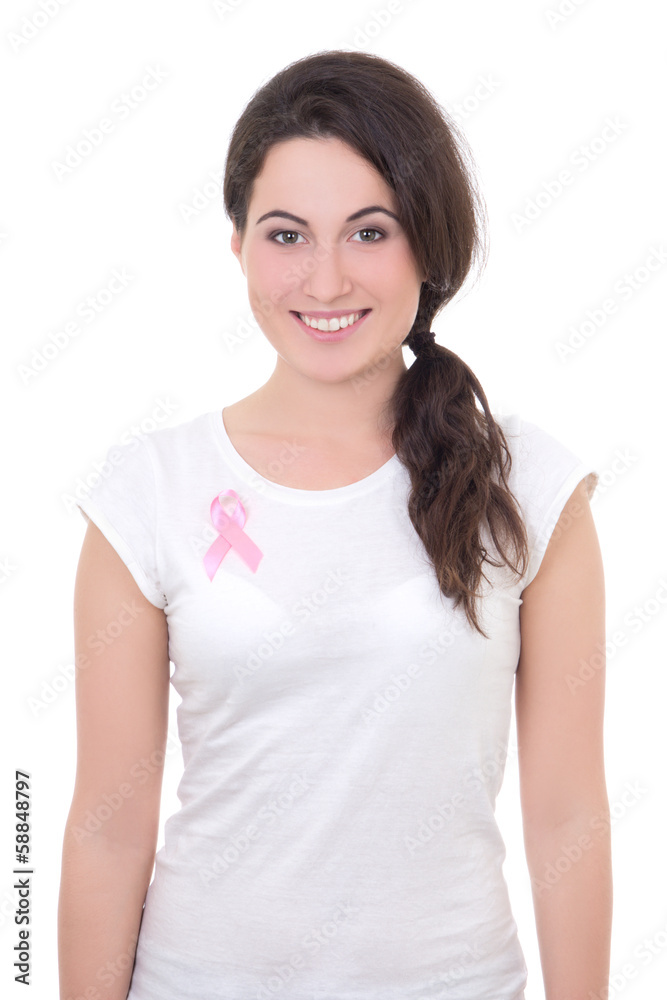 woman with pink cancer ribbon on the breast woman with pink cancer ribbon on the breast