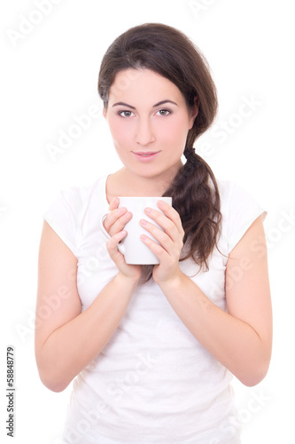 attractive young woman with cup of coffee isolated on white