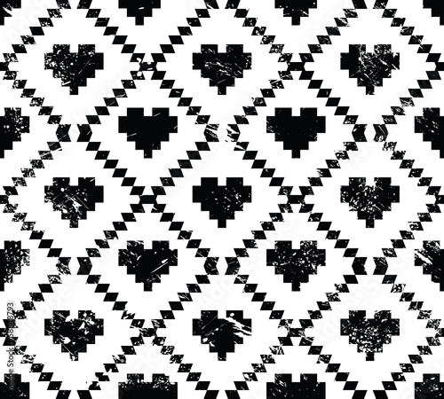 Seamless aztec tribal pattern with hearts - grunge, retro style