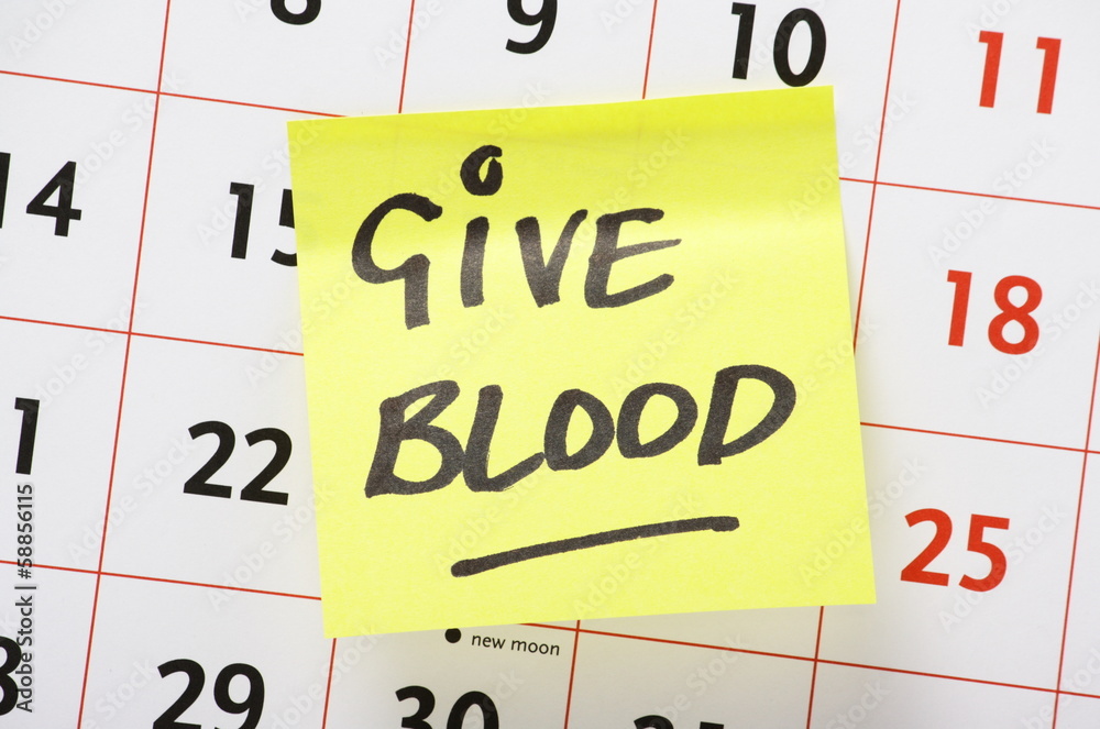 Give Blood Reminder stuck to a wall calendar Give Blood Reminder stuck to a wall calendar