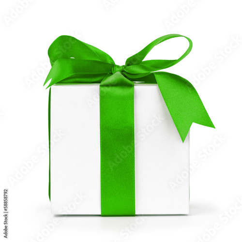 paper gift box wrapped with green ribbon photo