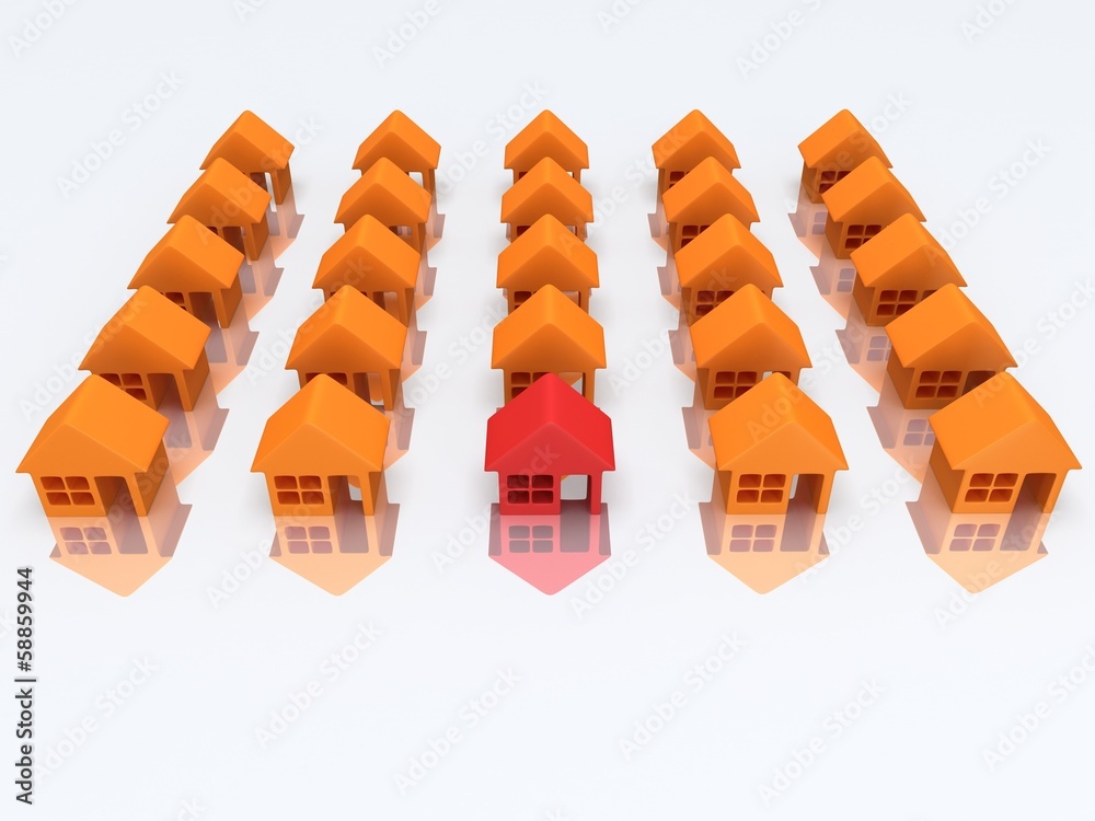Orange houses and red with reflection. 3d render.