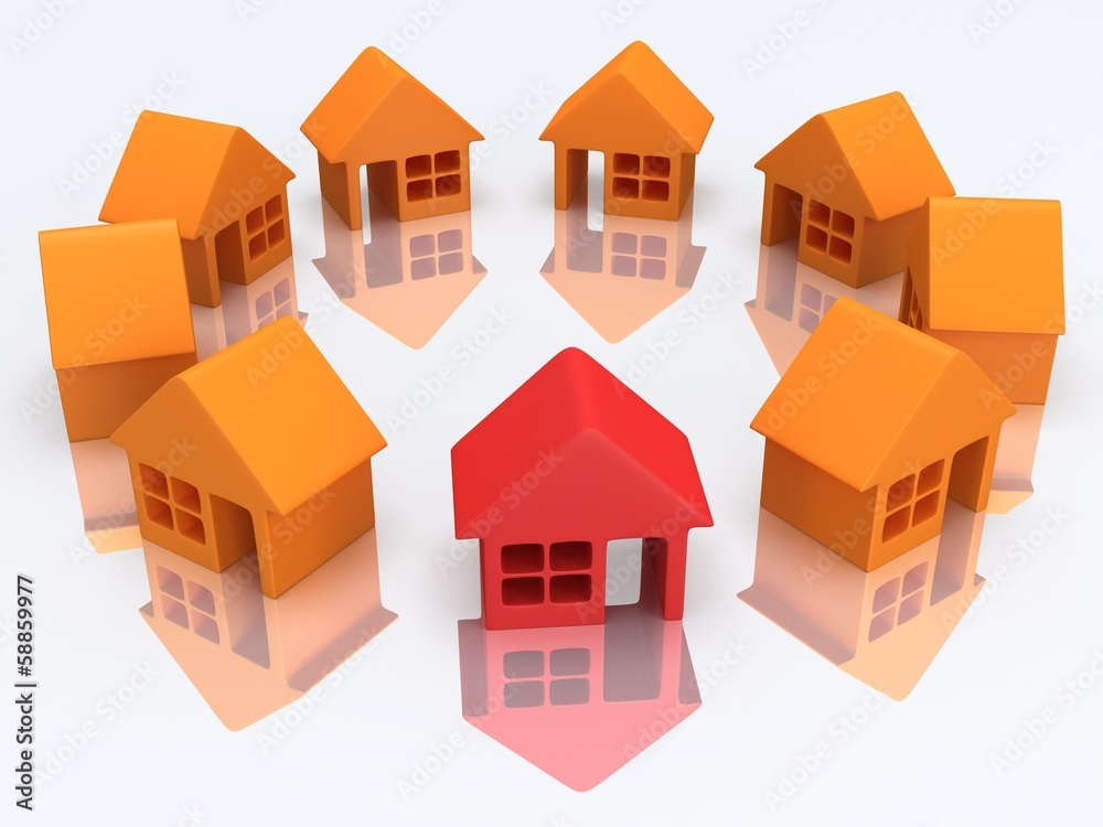 Orange houses and red with reflection. 3d render. Orange houses and red with reflection. 3d render.