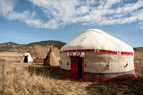 Kazakh yurt in the autumn steppe photo