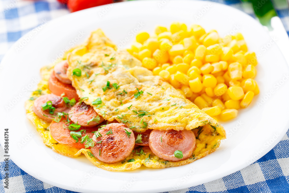 Omelet with sausage, tomato and herbs Omelet with sausage, tomato and herbs
