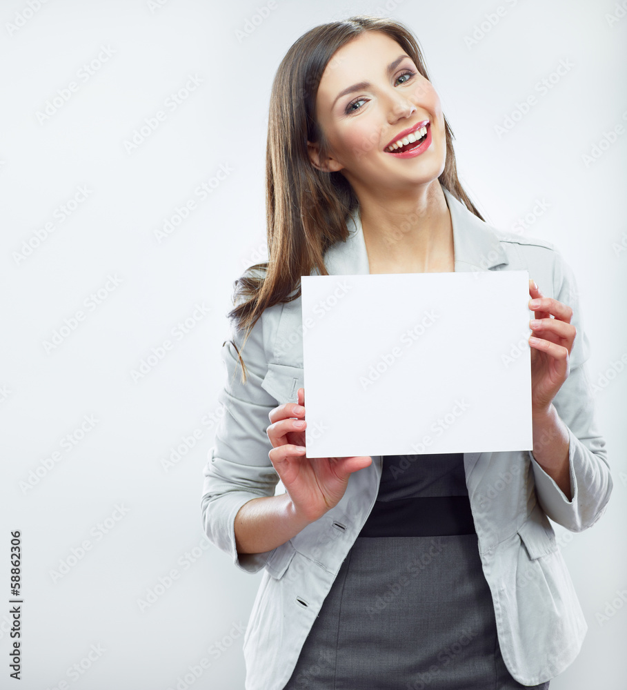 Business woman hold banner, white background isolated portrait. Business woman hold banner, white background isolated portrait.