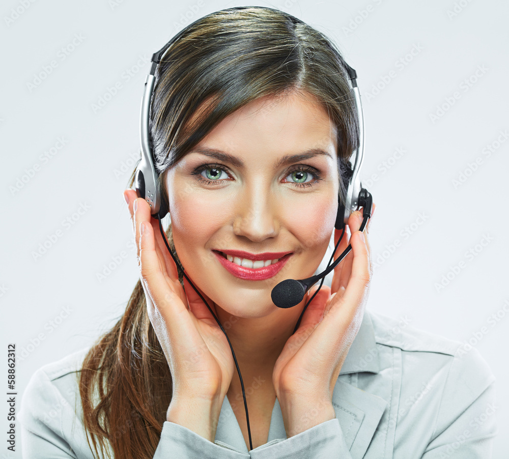 Portrait of woman customer service worker, call center smiling Portrait of woman customer service worker, call center smiling