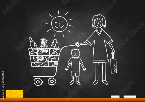 Drawing of woman and boy on blackboard