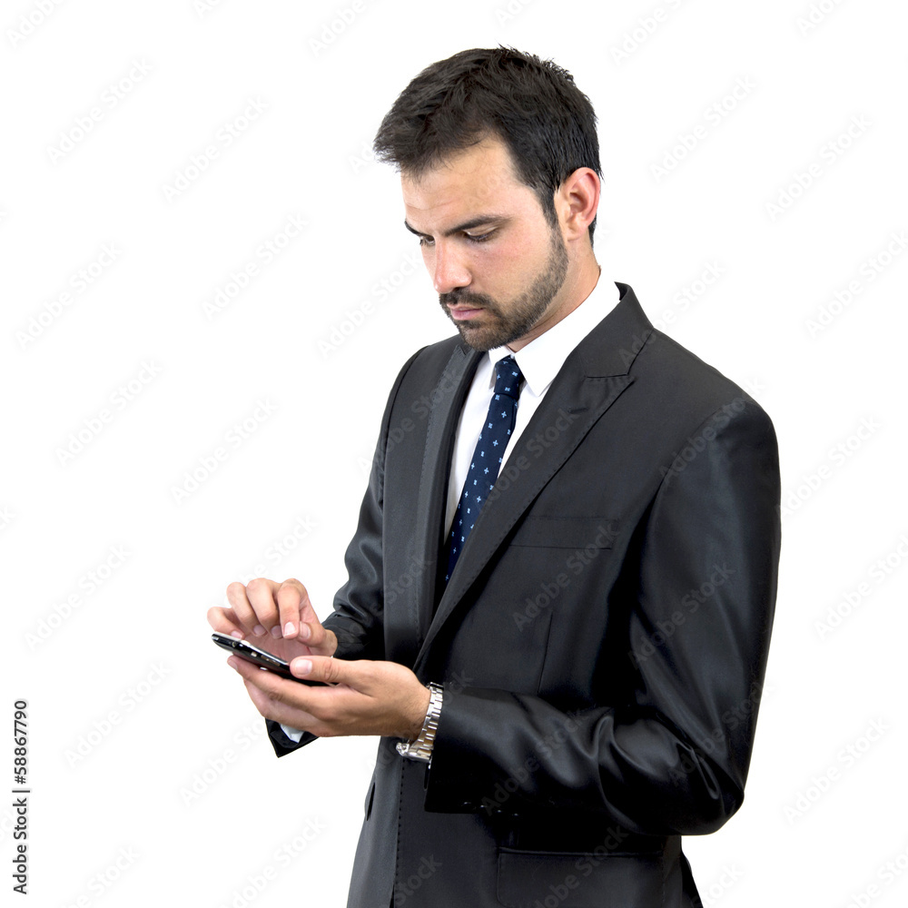 Business man sending a message over isolated background. Business man sending a message over isolated background.