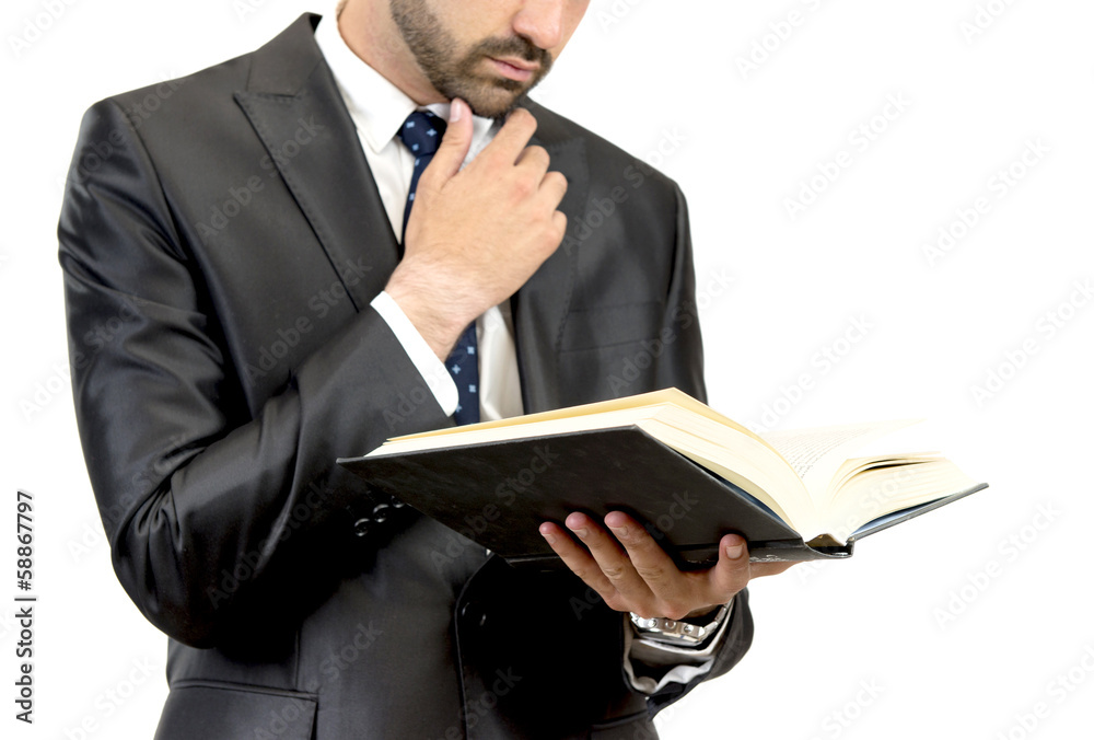 Business man reading a book over isolated background Business man reading a book over isolated background