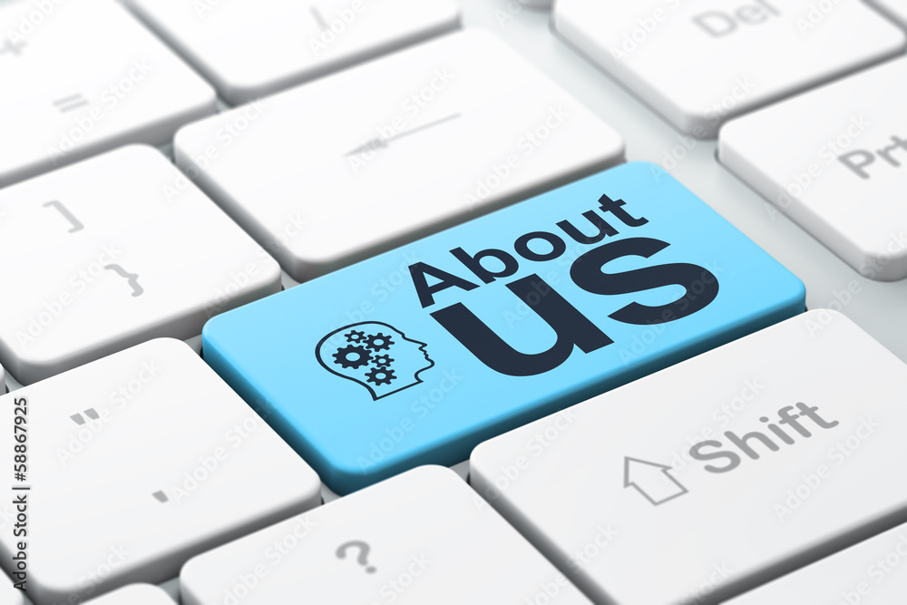 Marketing concept: Head With Gears and About Us Marketing concept: Head With Gears and About Us