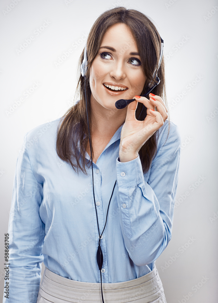 Portrait of woman customer service worker, call center smiling Portrait of woman customer service worker, call center smiling