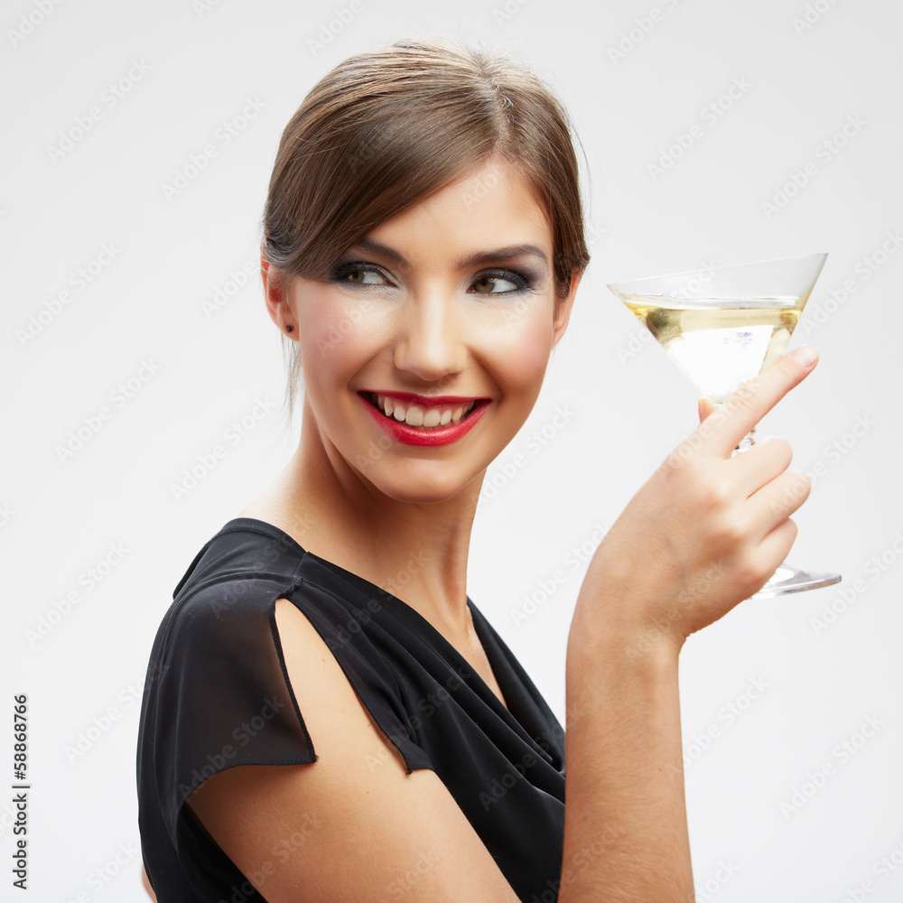 Young happy woman in black dress with glass.