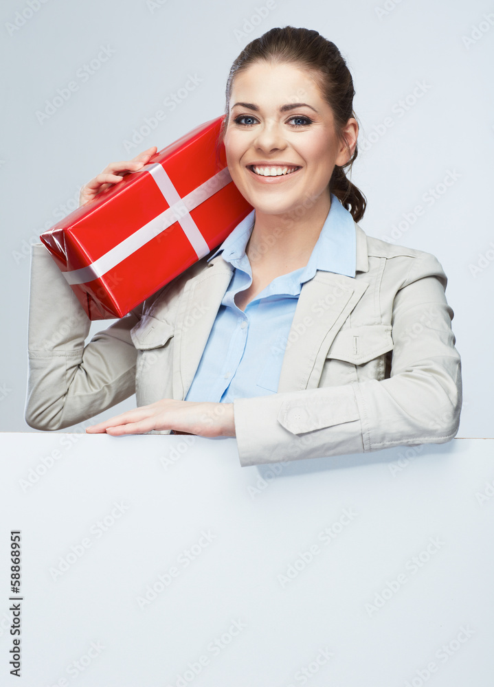 Smiling business woman red gift box hold. Smiling business woman red gift box hold.
