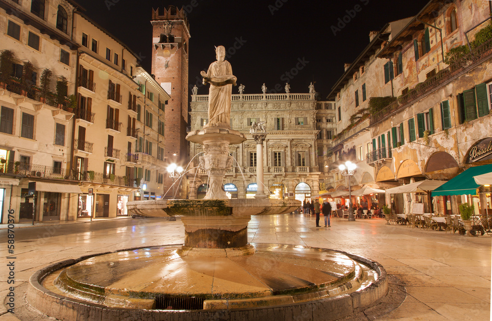 Verona - Fountain on Piazza Erbe in at night