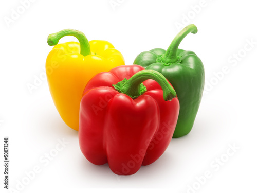 red, green and yellow bell pepper isolated on white background