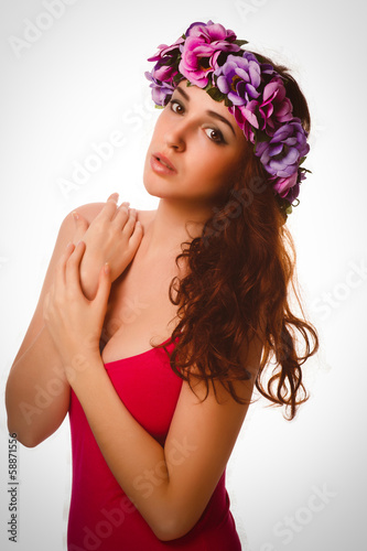 beautiful model woman face close-up beauty head, wreath flowers