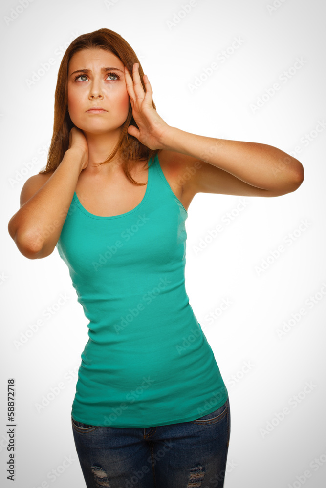 pain stress tired woman headache, holding his hands behind head, pain stress tired woman headache, holding his hands behind head,