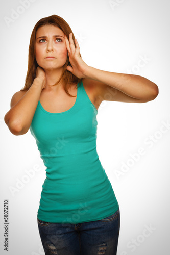 pain stress tired woman headache, holding his hands behind head,