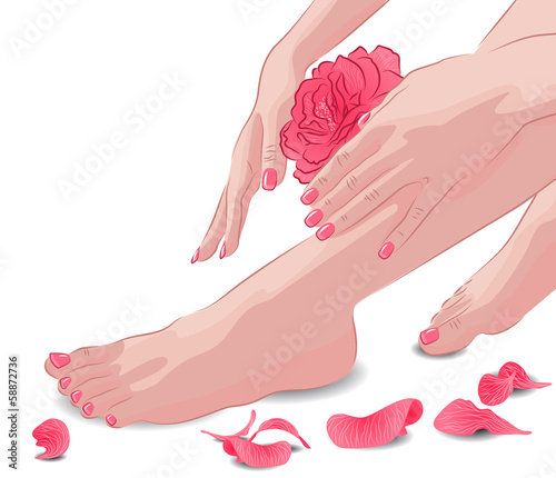 Female feet and hands with pink rose and petals