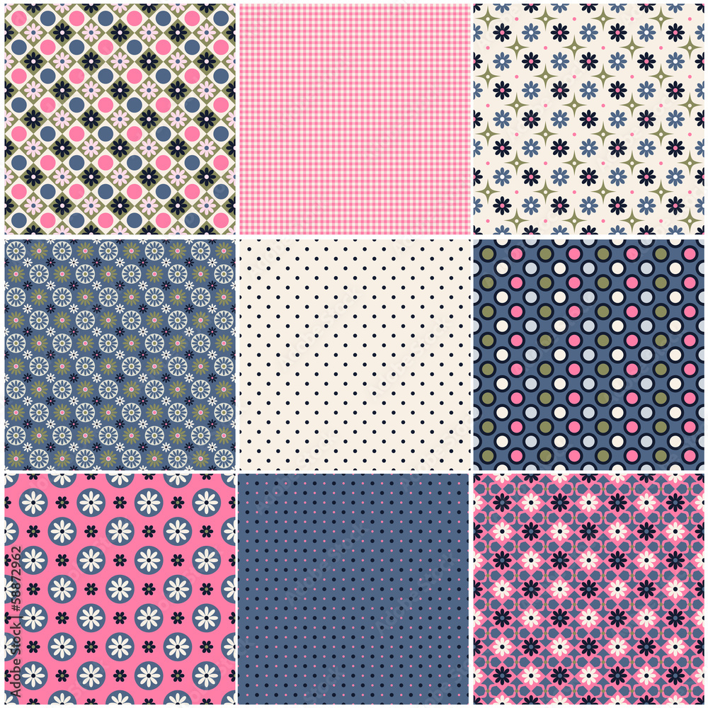 Set of abstract vector seamless patterns with flowers