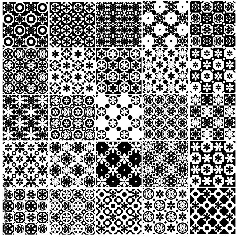 Set of black and white seamless background floral patterns.