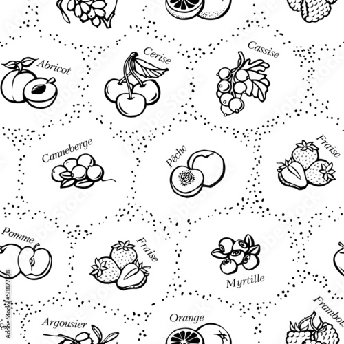 Seamless fruit and berries with names in French