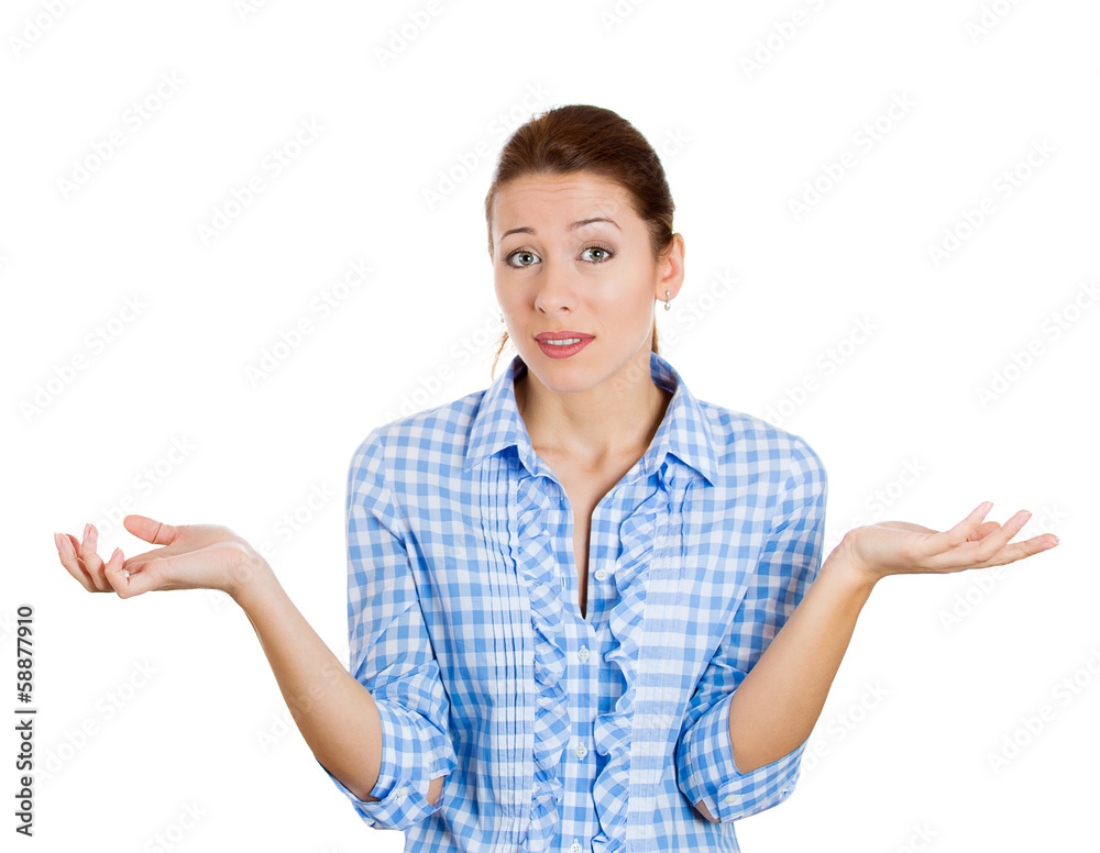 Upset, clueless woman with arms out asking who cares? Upset, clueless woman with arms out asking who cares?