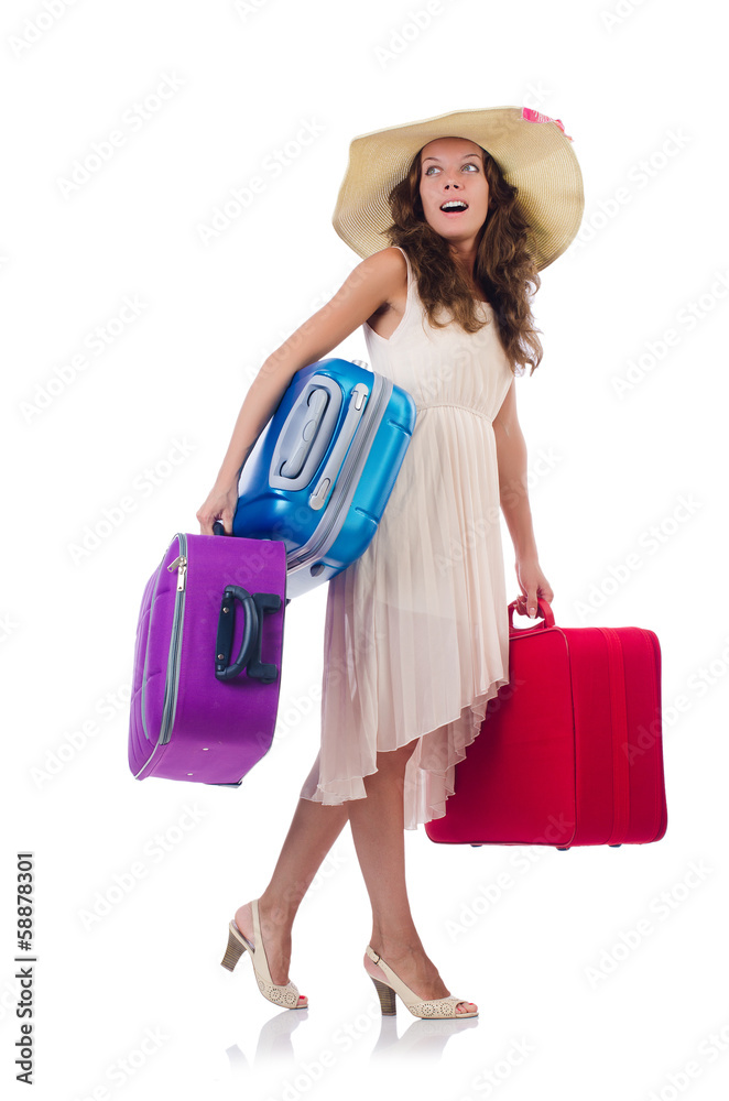 Woman going to summer vacation isolated on white