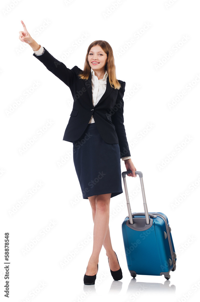 Woman preparing for vacation with suitcase on white Woman preparing for vacation with suitcase on white