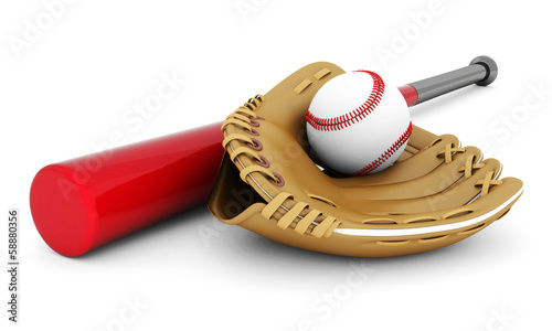 Leather glove with baseball and bat