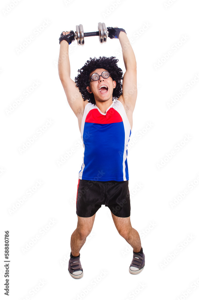Funny man exercising with dumbbells