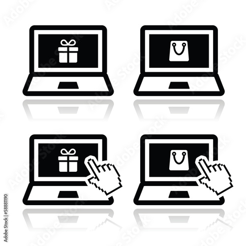 Shopping online, lapton with present and shooping bag icons set