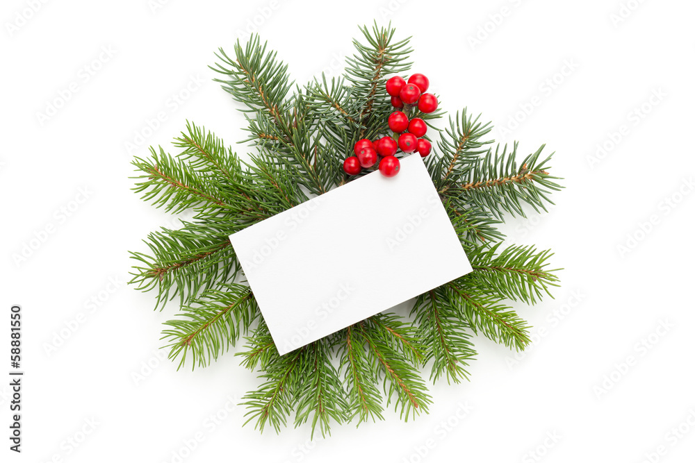 White card with green sprigs and holly berries White card with green sprigs and holly berries