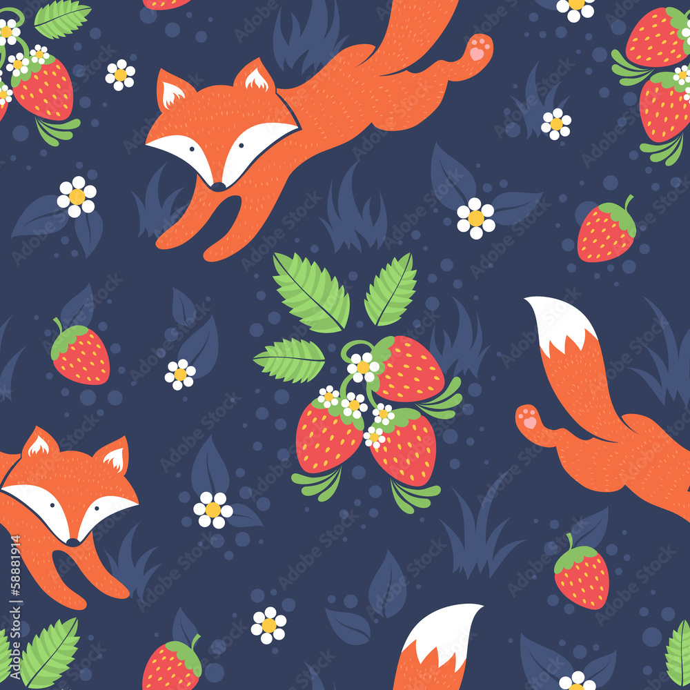 Foxes and wild strawberries seamless pattern