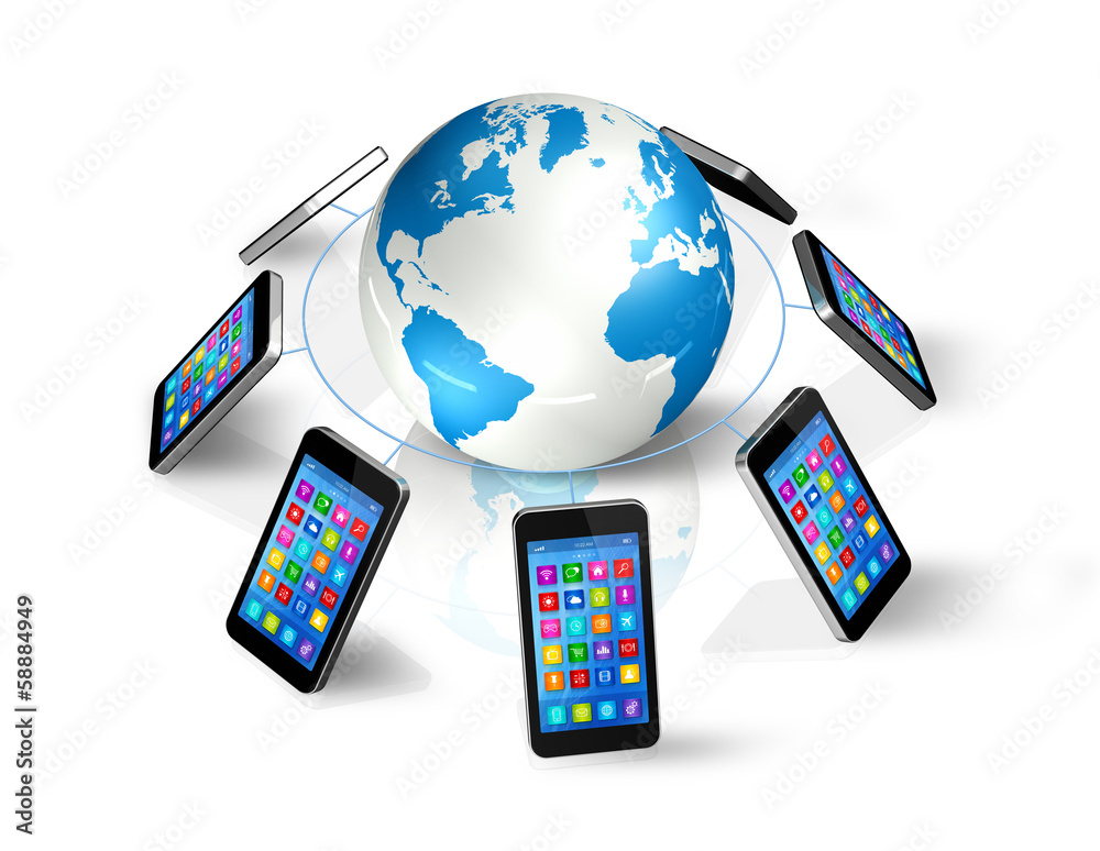 Smartphones Around World Globe, Global Communication Smartphones Around World Globe, Global Communication